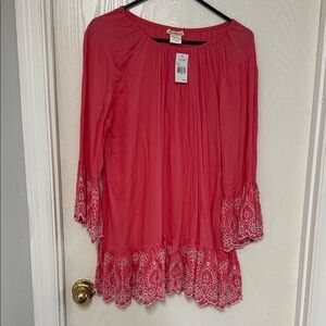Elegant Coral Blouse with Lace Trim